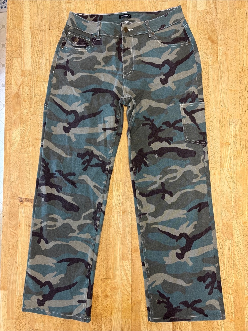 Flamingals Camo Cargo Carpenter Pants Wide Leg Camouflage Denim Green Size L